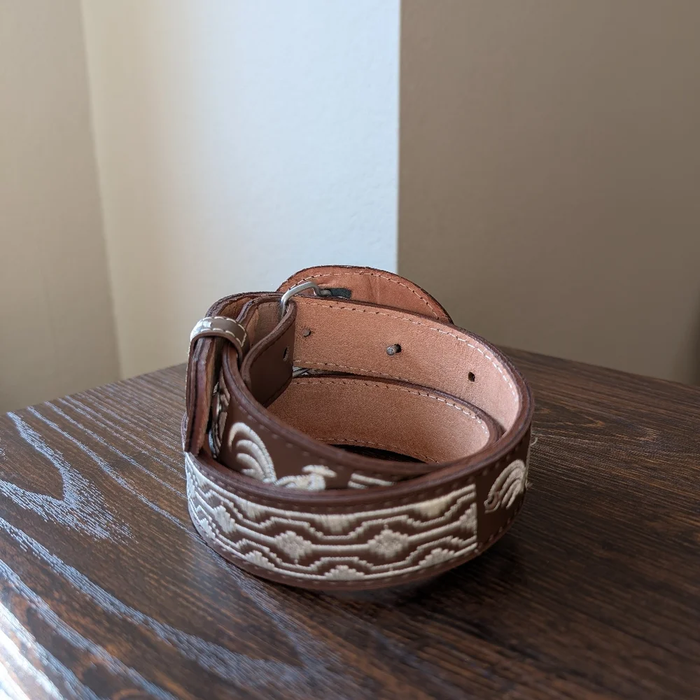 Ivory Embroidered Rooster Brown Leather Mexican Kids Youth Belt